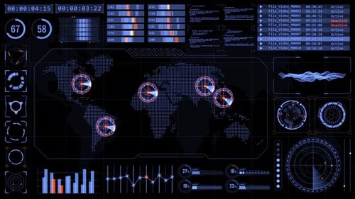 Head-up-Display-Technologie, Schnittstellenbildschirm mit futuristischen 3D-Elementen, Diagramm und Chat-Panel