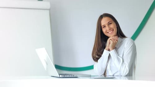 Smiling Pretty Business Woman Sitting in Modern Light Office