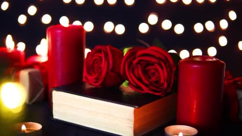 Red Roses and Candles Lit With String Lights