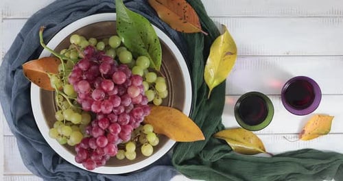 Table with Grapes and Red Wine, Birds Eye View