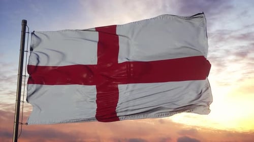 Realistic England Flag Waving Against a Sunset Sky