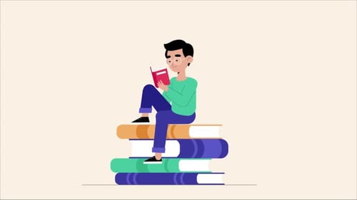 Animated Flat Design Illustration of Person Reading on Books