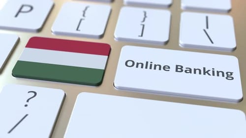 Online Banking Text and Flag of Hungary on the Keyboard