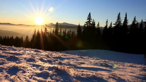 Golden Sun Touching Mountain on Sunset. Winter in Mountains. Ukraine Carpathians Dragobrat