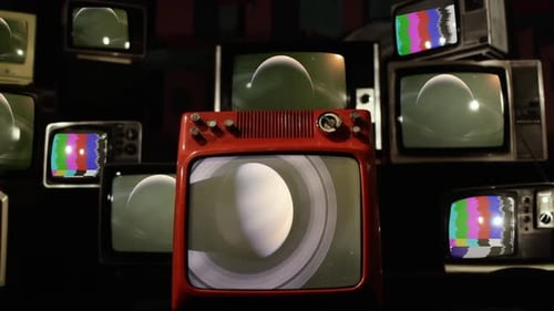 Retro Televisions Displaying a Ringed Planet in Space