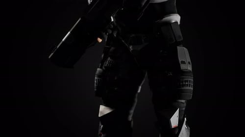 Soldat futuriste en armure d'acier avec le pistolet Cyber Punk