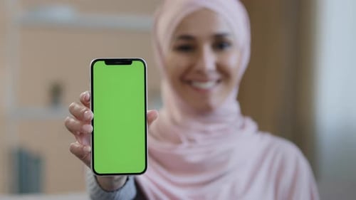 Portrait Smiling Arabian Lebanese Girl Muslim Islamic Woman in Hijab Hold Smartphone in Front Show