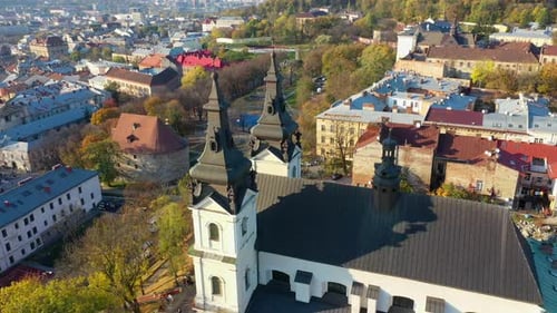 Aerial Video of Saint Mikhail Church in in Central Part of Old City of Lviv, Ukraine