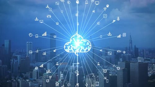 Conceito de computação em nuvem. Cidade inteligente. Rede de comunicação