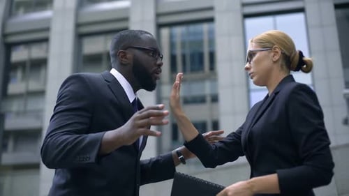 Boss Shouting at Office Manager, Woman Shows Stop Gesture, Employee Rights