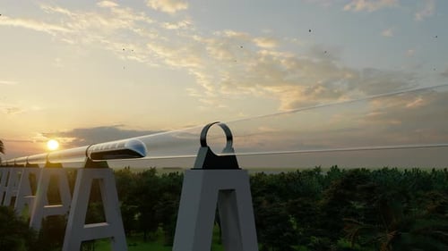 Maglev Monorail Hyperloop on Cloudy Background.
