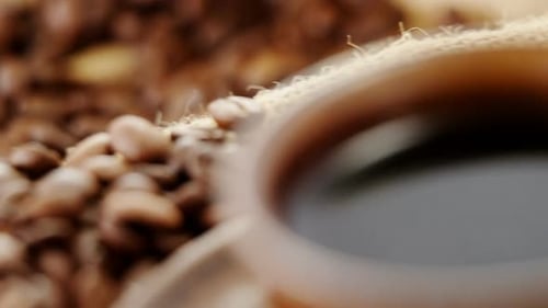 Roasted Coffee Beans with Hot Cup of Coffee