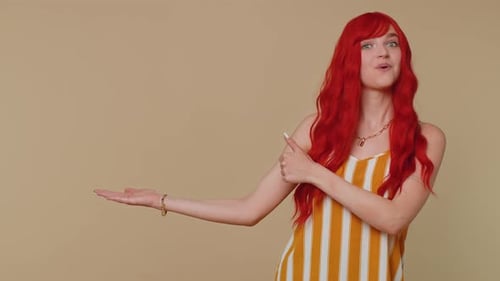 Girl Pointing Empty Place Advertising Area for Commercial Text Copy Space for Goods Promotion