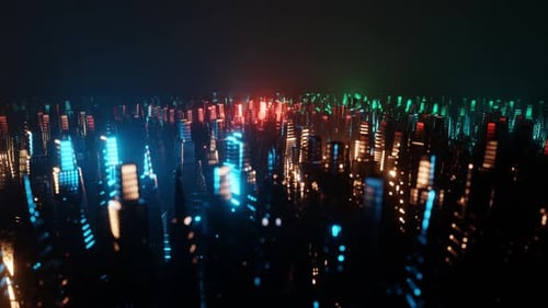 Flight over an abstract neon night city 02