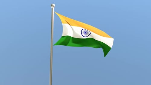 Realistic Waving Indian National Flag on Pole with Blue Sky