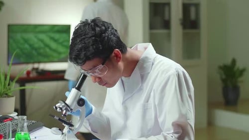 Young Adult Scientist Uses Microscope in Lab