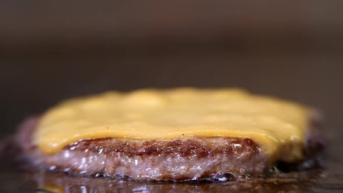 Cheesy Burger Patty Sizzling on a Hot Grill