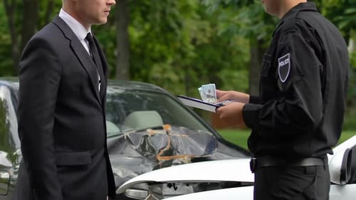 Man Bribing Police Officer at Car Accident