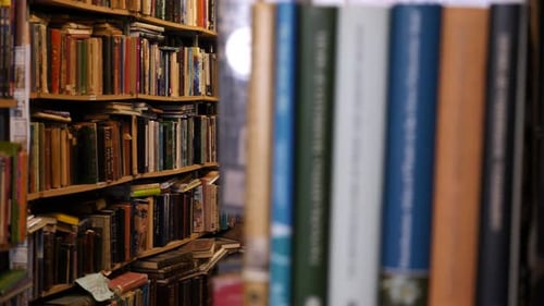 Étagères pleines de livres, étagères dans une bibliothèque, une librairie ou un bureau à domicile