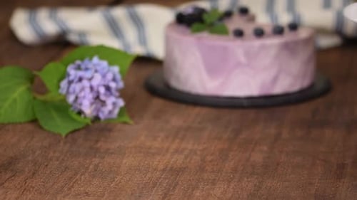 Layered Blueberry Mousse Cake with Hydrangea Flower