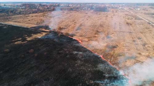 Forest and Field Fire. Dry Grass Burns, Natural Disaster. Aerial View. Fire Spreads As a United