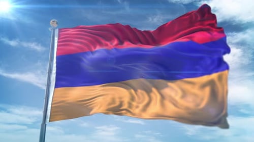 Realistic Waving Flag of Armenia with Sunny Sky Background