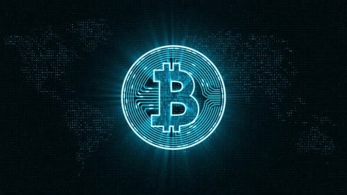 Blue bitcoin icon cryptocurrency concept on earth maps abstract background