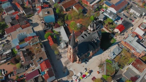Beautiful morning top view of the central part of Viernheim. Old catholic cathedral.