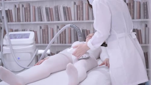 Woman Receiving Thigh Massage with Electronic Device