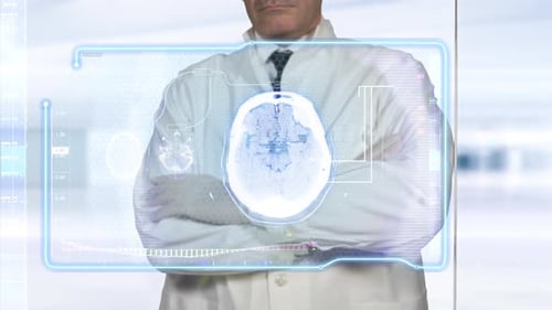 Doctor and Brain Scan Interface in a Futuristic Lab