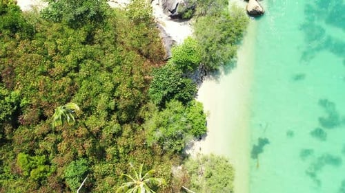 Aerial drone travel of paradise coastline beach vacation by blue ocean with white sandy background o