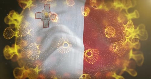 Bandera de Malta con el microbio del coronavirus centrado en 4K