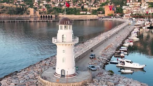Lighthouse in Sunrıse moment aerial view Turkey Alanya 4 K