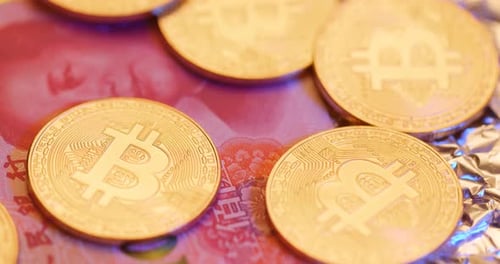 Bitcoin Cryptocurrency Coins Stacked Close Up