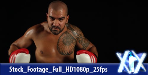 Muscular Boxer Posing with Gloves in Studio