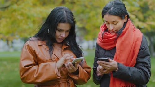 Two Young Women Using Smartphones Outside in Park