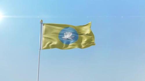 Waving Lotus Flower Flag Animation in a Bright Blue Sky