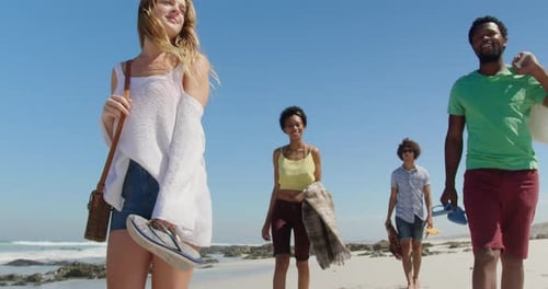 Group friends walking together at beach 4k