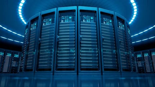 Inúmeros gabinetes de servidores modernos em uma fazenda de renderização. Quarto escuro e futurista. 4KHD