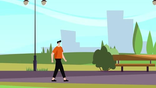 Man walking in park sunny day and green trees spring day 4K