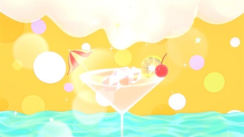 Bright Animated Summer Cocktail Glass with Sparkling Bokeh