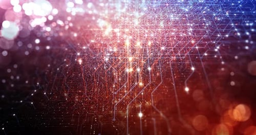 Animated Futuristic Digital Circuit Board with Glowing Particles