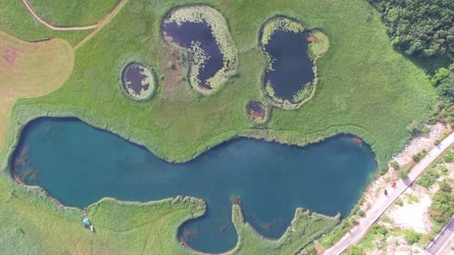 Aerial view of peaceful ponds on a green meadow