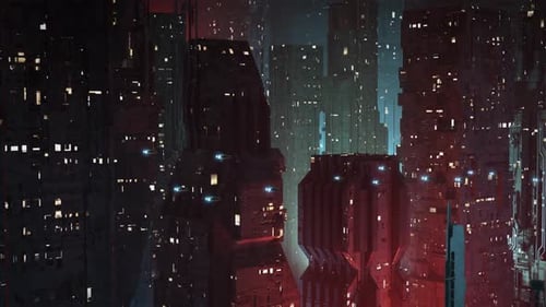 Futuristische, dystopische Science-Fiction-Stadt bei Nacht, Schuss - Tilt Down