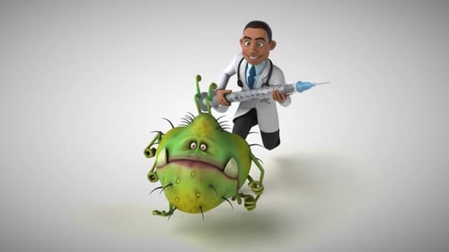 3D Animation of a fun doctor chasing a virus with a vaccine