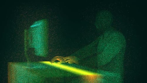 Admin Working in Front of Desktop Computer in Digital Cyber Space Hud Hologram Style Animation