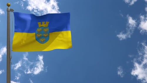 Zhytomyr Oblast Flag Waving against Blue Sky with Clouds