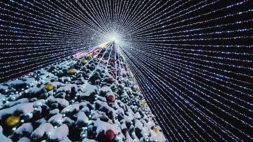 Snowy Christmas Tree Glowing Brightly at Night