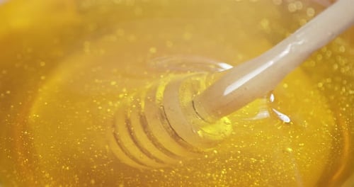 O mel fresco é mexido com uma colher de pau.