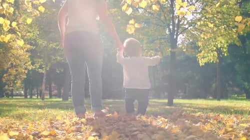 Cute Baby Walking in Park with Mother